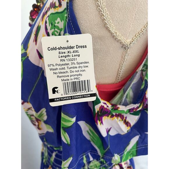 NWT FACTORIES CONNECTION BLUE FLORAL POLY SPANDEX COLD SHOULDER SUN DRESS XL-XXL - Picture 7 of 10